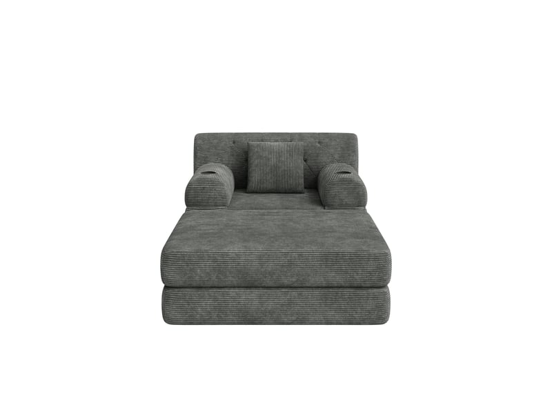 Fauteuil-lit 1 place avec pouf, velours côtelé gris foncé, dossier haut inclinable, cadre métal, mousse haute densité, rangement et porte-gobelets - Conforama A