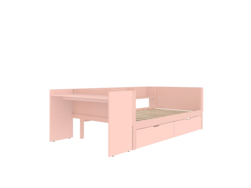  Lit simple 90x200 rose en bois avec bureau intégré et 2 tiroirs, sommier inclus  - Conforama W