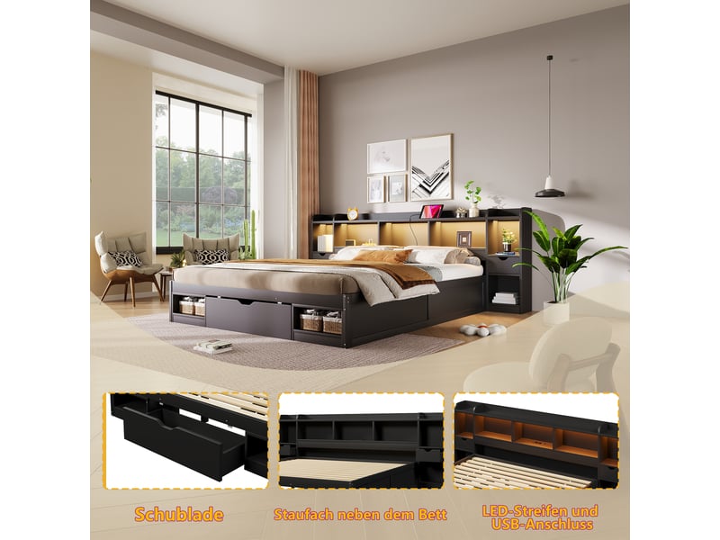  Lit double plateforme 180x200 cm en bois avec 3 tiroirs,lit coffre avec led et port usb,tête de lit bibliothèque,sans matelas,noir  - Conforama D