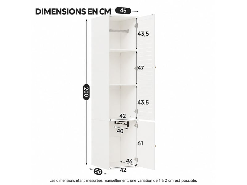  Armoire penderie 45x50x200 cm blanche, 1 porte à lattes, 1 tringle et 3 compartiments, format étroit  - Conforama C