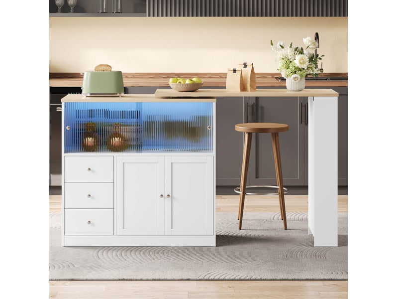 Îlot de cuisine 172x40x96 cm avec plateau pivotant, rangements et led blanc - Conforama D