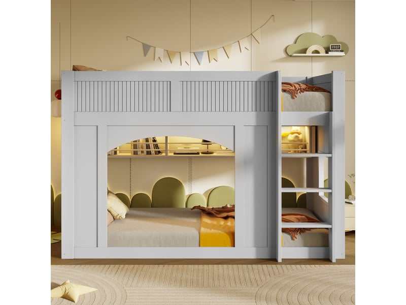 Lit mezzanine enfant 90x200 cm en bois gris avec led multicolore, bibliothèque intégrée, deux fenêtres et espace de jeu pratique sous le couchage - Conforama C