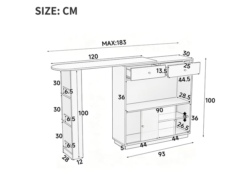  Îlot bar extensible 183x30x100 cm, led, rotation 360°, rangement spacieux, panneaux de particules, couleur chêne  - Conforama C