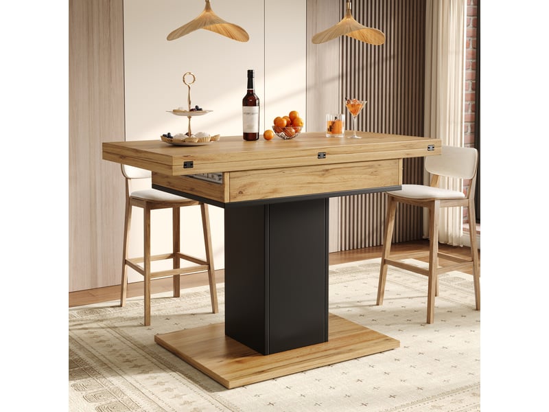 Table de salle à manger extensible 120x120x75,1 cm avec rangement, plateau rabattable, piètement carré - naturel - Conforama E
