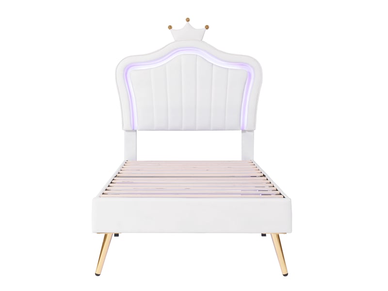  Lit enfant fille 90x200 lit princesse couronne blanc capitonné avec led  - Conforama A