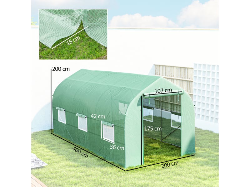  Serre tunnel de jardin 8m², serre de jardin tunnel avec 1 porte et 6 fenêtres, bâche pe 140gm² 400x200x200cm vert  - Conforama E