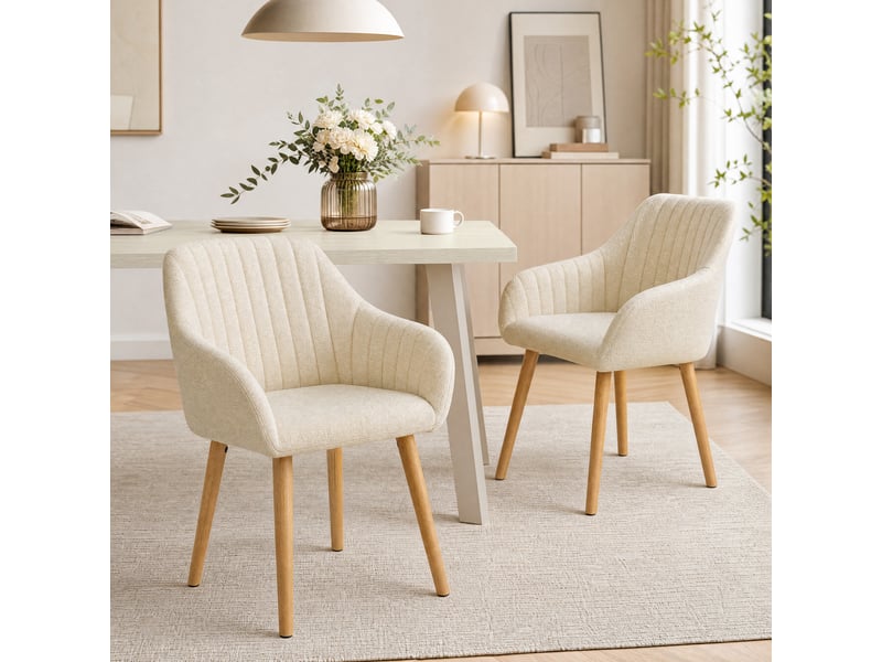  Ensemble table et 6 chaises - table rectangulaire 160x80 cm monobloc en travertin et pieds métal, 6 chaises en chenille crème et pieds bois  - Conforama W
