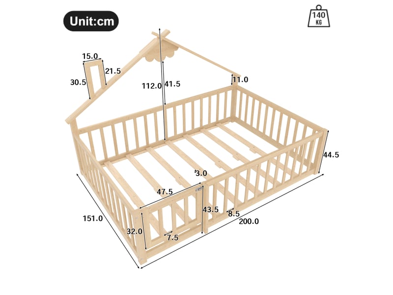 Lit enfant 140x190 cm en pin naturel, style maison, barrières avec fermeture, design sécurisé  - Conforama C