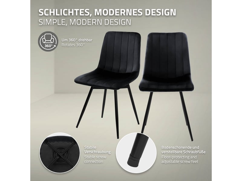  Ml-design chaise de salle à manger en velours, lot de 2, pivotante 360 degrés, avec dossier, pieds en métal, design moderne mid-century, patins réglables, pour cuisine salon, charge 120 kg, noir  - Conforama C