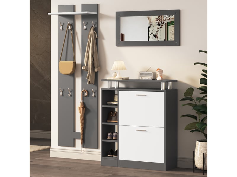  Ensemble meuble d'entrée avec miroir, meuble à chaussures 12 paires et porte-manteaux mural avec 8 crochets, gris et blanc  - Conforama B