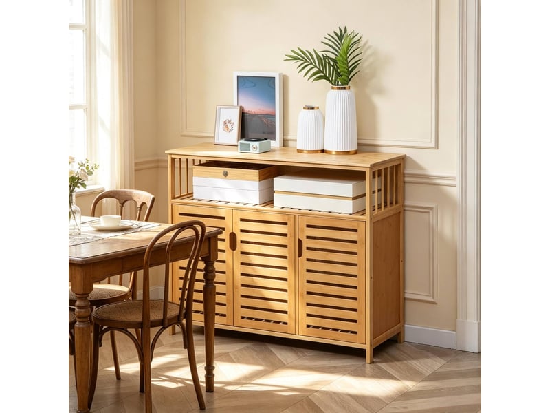  Buffet en bambou naturel 100x35x82 cm avec 3 portes à lamelles  - Conforama C