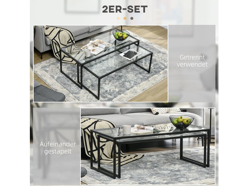  2 tables basses gigognes avec plateaux en verre trempé et pieds réglables pour salon en acier noir transparent  - Conforama D