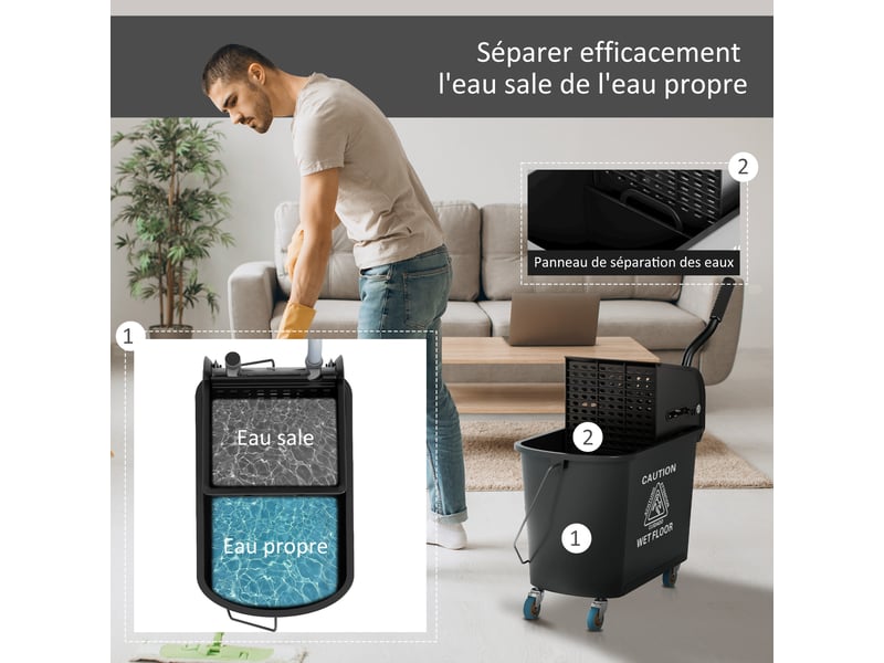  Chariot de nettoyage lavage seau de ménage 20 l 60l x 27l x 70,5h cm avec essoreur et séparateur eau sale propre noir  - Conforama E