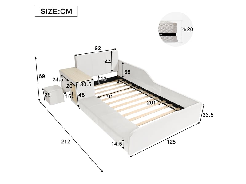  Lit avec rangement rembourré 90x200 cm coloris blanc velours lit enfant blanc - Conforama C