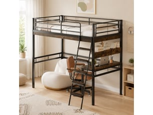 Lit mezzanine ulevr 90 x 200 cm avec bureau, étagères, échelle et garde-corps, structure métal et mdf, noir