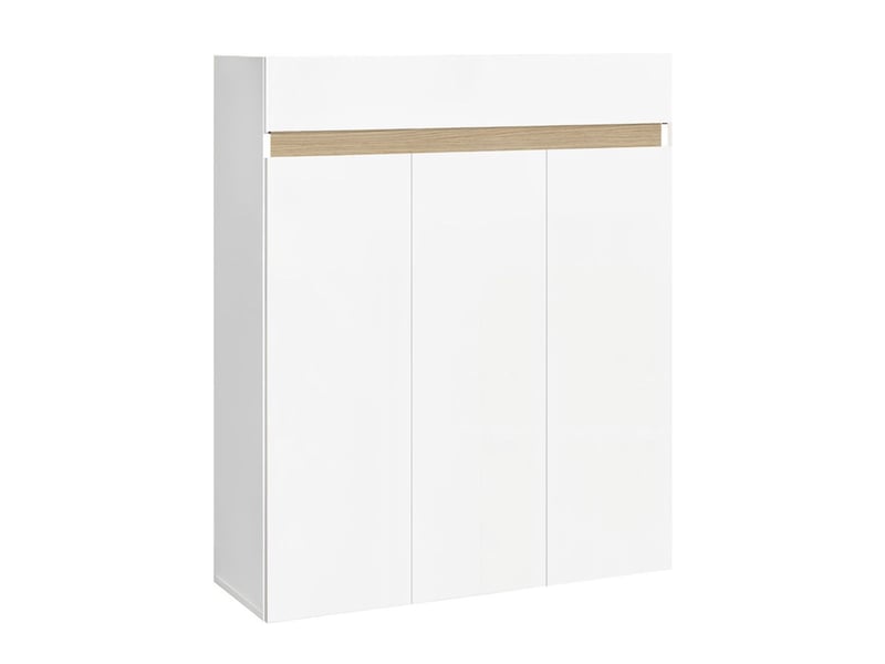 Meuble à chaussures 3 portes et 1 tiroir laqué blanc et décor bandeau aspect bois - eden  - Conforama A