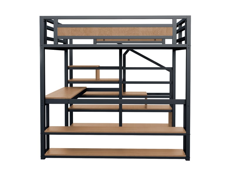  Lit mezzanine 140 x 200 cm avec escalier de rangement, étagères, bureau intégré et garde-corps, structure robuste en métal noir evarich - Conforama D