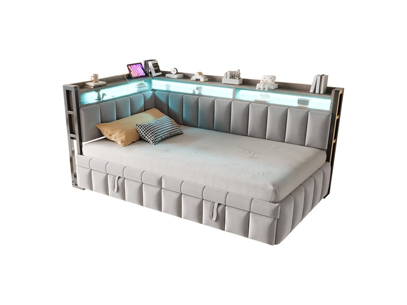  Canapé-lit convertible 90x200 cm avec lit gigogne, lit simple avec éclairage led et ports usb et type-c, tissu velours gris clair  - Conforama B