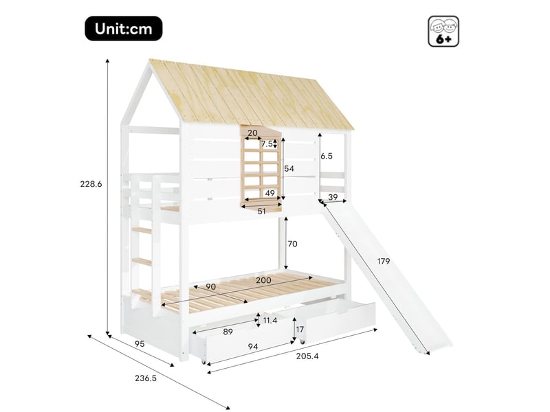  Lit superposé enfant 90x200, garde-corps haut sécurité renforcée lit superpose cabane, structure pin mdf, tiroirs intégrés  - Conforama C