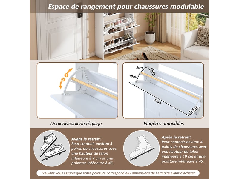  Meuble à chaussures blanc 140x25x120 cm, 6 portes abattantes, 12 étagères, mdf, hall d'entrée  - Conforama C