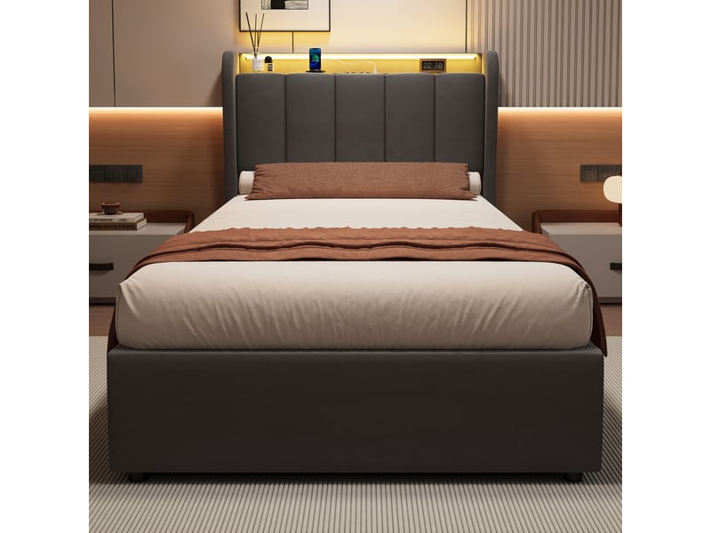  Lit coffre 90 x 200 cm en velours, lit simple avec led, station de charge et rangement, sans matelas, gris foncé  - Conforama B