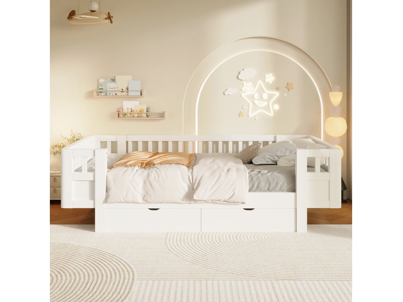  Lit enfant 90x200 cm, blanc, bois et mdf, doté de barrières hautes et de 2 tiroirs de rangement, sans matelas  - Conforama D