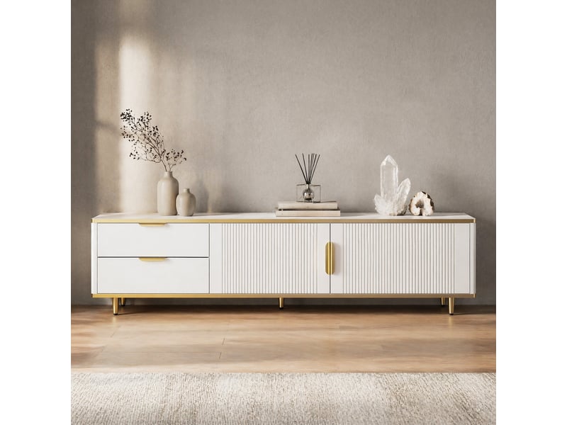  Meuble tv bas 170 x 37 x 45 cm avec 2 tiroirs et 2 portes, blanc et doré  - Conforama B