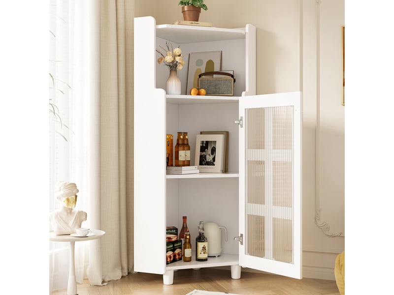  Armoire d'angle 63,5x45x124cm gain de place, led éclairage pilotable, pour salon, bibliothèque, salle de bain mdf blanc  - Conforama W