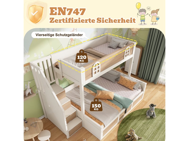  Lit superposé 90x200 et 140x200 cm avec armoire-escalier, blanc, lit enfant avec rangement hydraulique et barrières de sécurité  - Conforama D