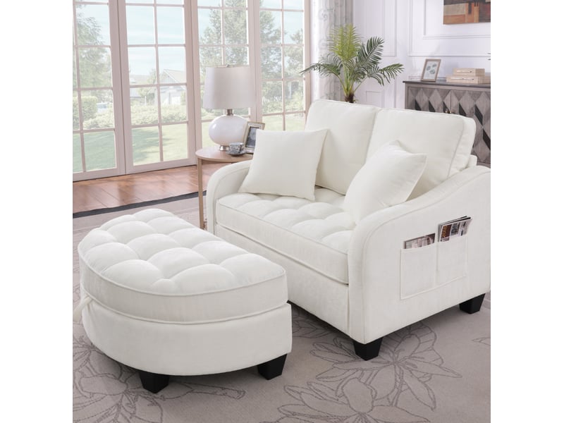  Canapé 1 place convertible 2-en-1 139,5x129,5x93 cm, pouf de rangement intégré, cadre en eucalyptus, chenille beige  - Conforama D