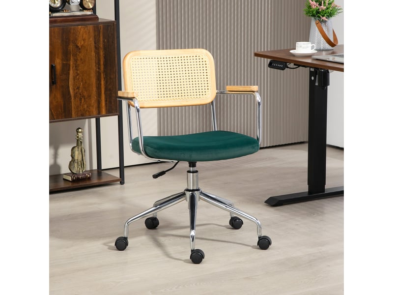  Chaise de bureau, style bohème, accoudoirs en bois, pivotante, réglable, supporte jusqu'à 120 kg, acier, verte  - Conforama D
