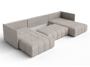 Canapé d'angle panoramique convertible <strong>AX LIVING </strong> <strong>Mersino</strong> 4 places Velours beige avec coffre de rangement