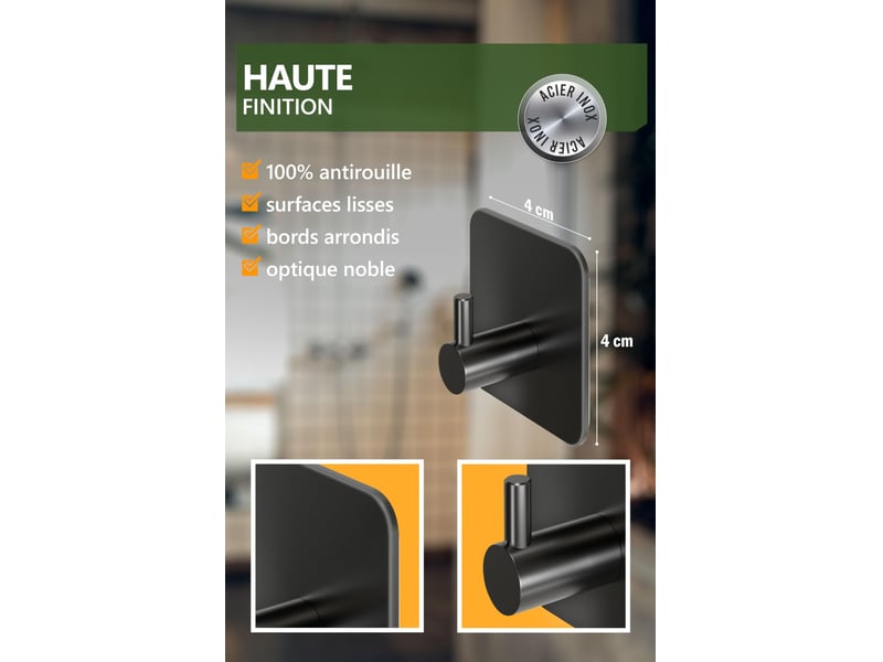 Crochet adhésif mural noir 6 pièces - porte serviette salle de bain, accroche torchon cuisine, portemanteau autocollant acier inox - Conforama C