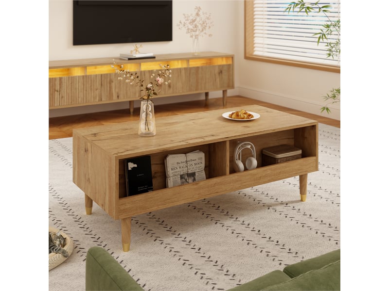  Table basse led moderne 110 x 50 x 40 cm - 2 tiroirs acrylique ondulé, pieds bois dorés, éclairage multicolore contrôlable bluetooth.  - Conforama W