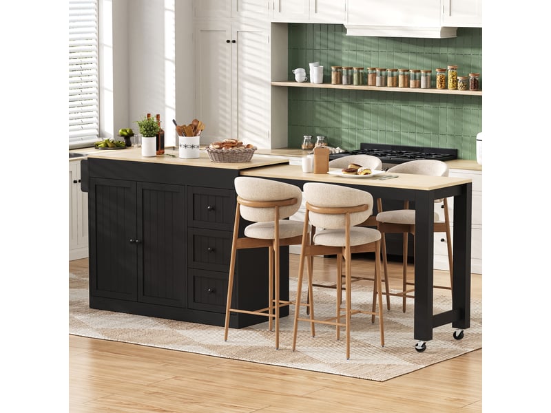  Îlot de cuisine sur roulettes avec espace repas extensible, desserte de cuisine noire avec étagère à épices et tiroirs  - Conforama C