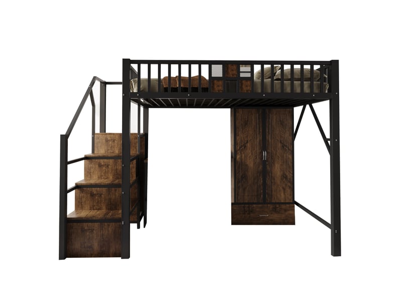  Lit mezzanine 140x200 cm, avec armoire intégrée, grands tiroirs, échelle de rangement, métal et bois noir, sans matelas  - Conforama A