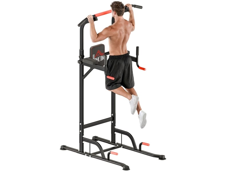  Tour de musculation réglable rouge et noire avec barre de traction et station dips, pour s'entraîner chez vous  - Conforama A