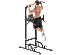 Tour de musculation réglable rouge et noire avec barre de traction et station dips, pour s'entraîner chez vous