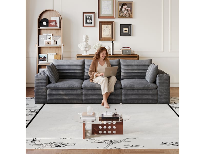  Canapé nuage 260 cm velours côtelé gris foncé - canapé salon double couche sans montage  - Conforama D