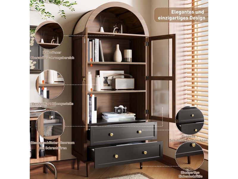 Buffet rétro avec portes en verre bombé, meuble de rangement design avec étagères réglables, couleur noyer, 70x38x165 cm  - Conforama D