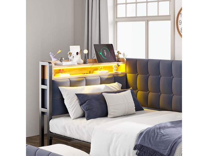  Canapé lit 90x200 cm gris velours avec 2 tiroirs éclairage led usb type c structure métallique Sol Morn - Conforama E
