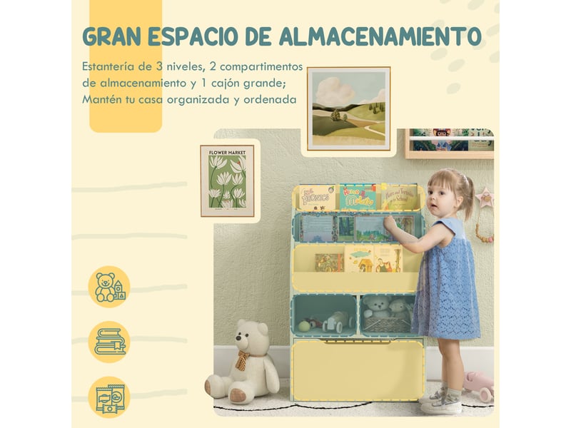  Bibliothèque en bois pour enfants avec 3 compartiments, 2 cubes et un tiroir mobile à 4 roulettes, 60 x 29,9 x 90 cm, verte  - Conforama E