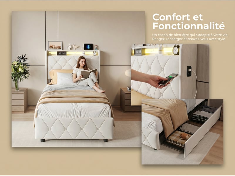  Lit 2 places 90x200 cm - avec éclairage led - tête de lit avec étagère - similicuir pu beige - sommier à lattes inclus  - Conforama E