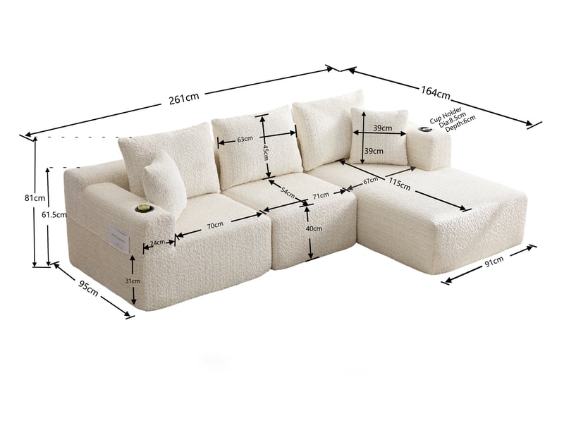 Canapé d'angle modulable 3 places 261x165x80 cm, méridienne, mousse à mémoire de forme, porte-gobelet, sans montage, chenille beige - Conforama C