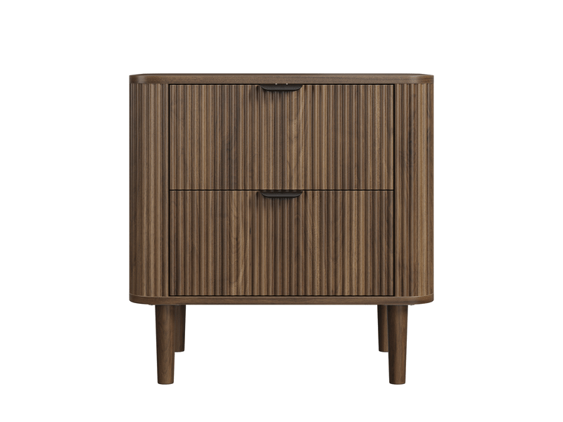  Table de chevet - 57 x 40 x 57 cm - effet noyer - table de nuit design rainuré avec 2 tiroirs et pieds en bois  - Conforama A