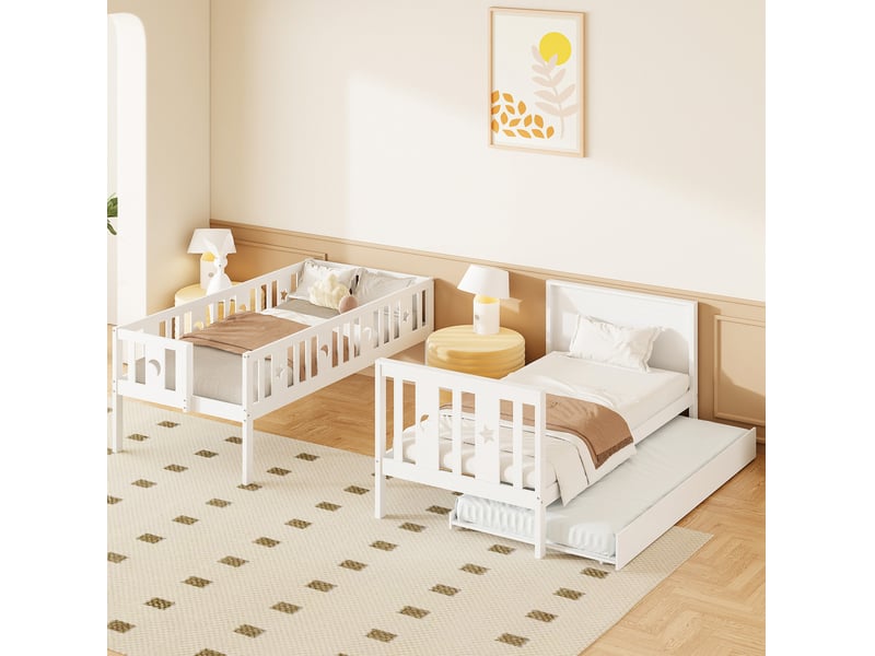  Modenvie lit superposé enfant 90x200 cm - avec lit gigogne et rangements, sans matelas - blanc  - Conforama D
