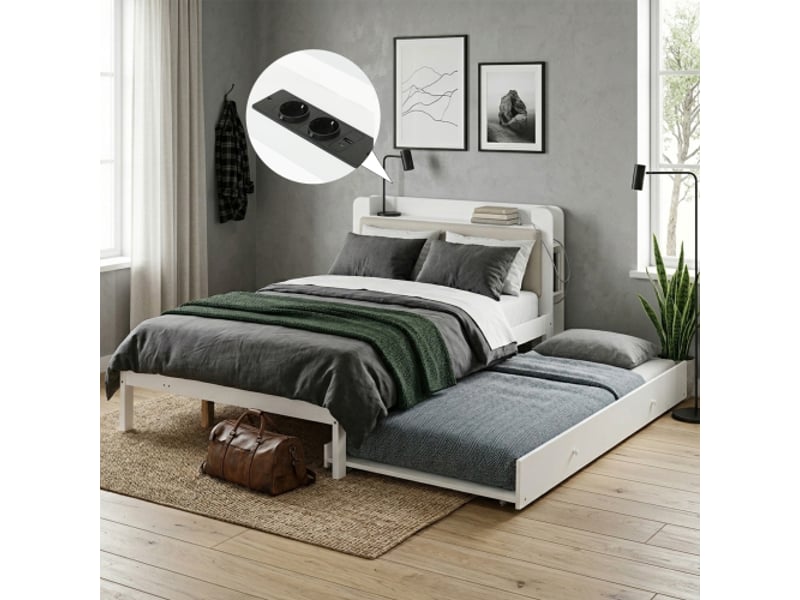 Lit blanc 120x200 avec lit gigogne 90x190 – bois, tête de lit rembourrée, étagère, station de charge et rangement - Conforama D
