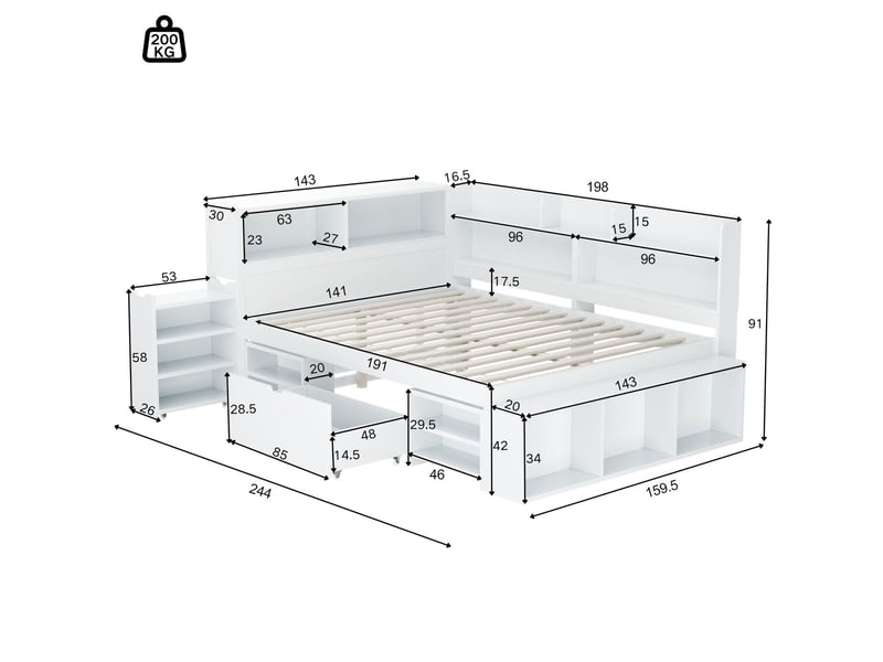  Lit avec tiroirs 140 x 190 cm lit rangement grand rangement tiroirs intégrés étagères intégrées lit enfant multifonctionnel blanc  - Conforama C