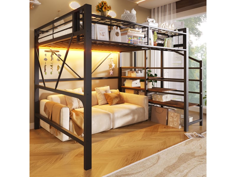  Lit mezzanine modenvie 140 x 200 cm en métal et mdf avec étagères à marches led rangement ouvert noir  - Conforama D