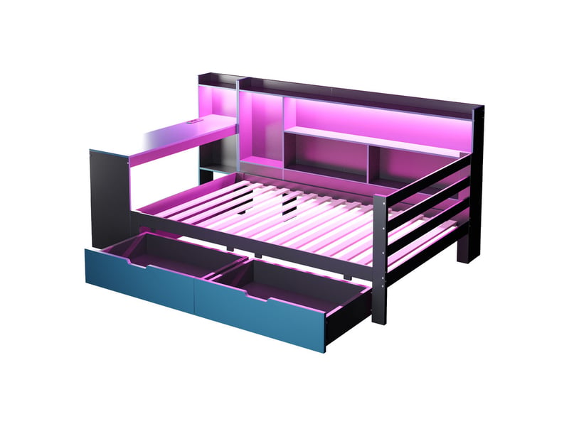 Canapé-lit 90 x 200 cm - avec compartiments de rangement - éclairage intégré - prise électrique - 2 tiroirs - noir+bleu(matelas non inclus)  - Conforama R